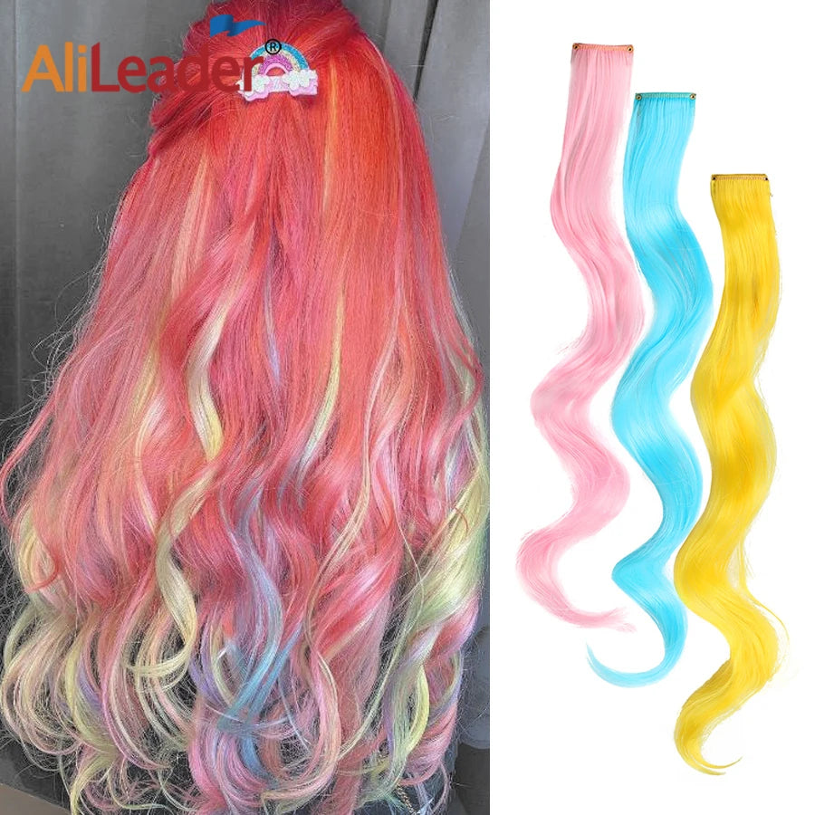 AliLeader 20 Inch Synthetic Hairpieces Clip in One Piece Wave Curly Hair Highlight Colorful Rainbow Hair Extensions for Girls