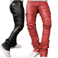 KY New Men's Plus Size Faux Leather Stack Pants Black Street Style Mid Waist Flare Casual Look