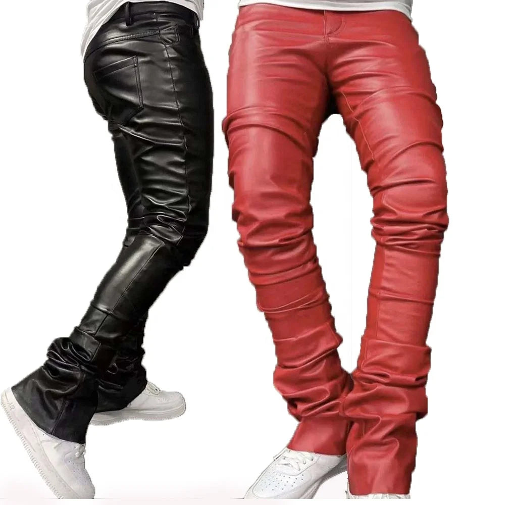 KY New Men's Plus Size Faux Leather Stack Pants Black Street Style Mid Waist Flare Casual Look