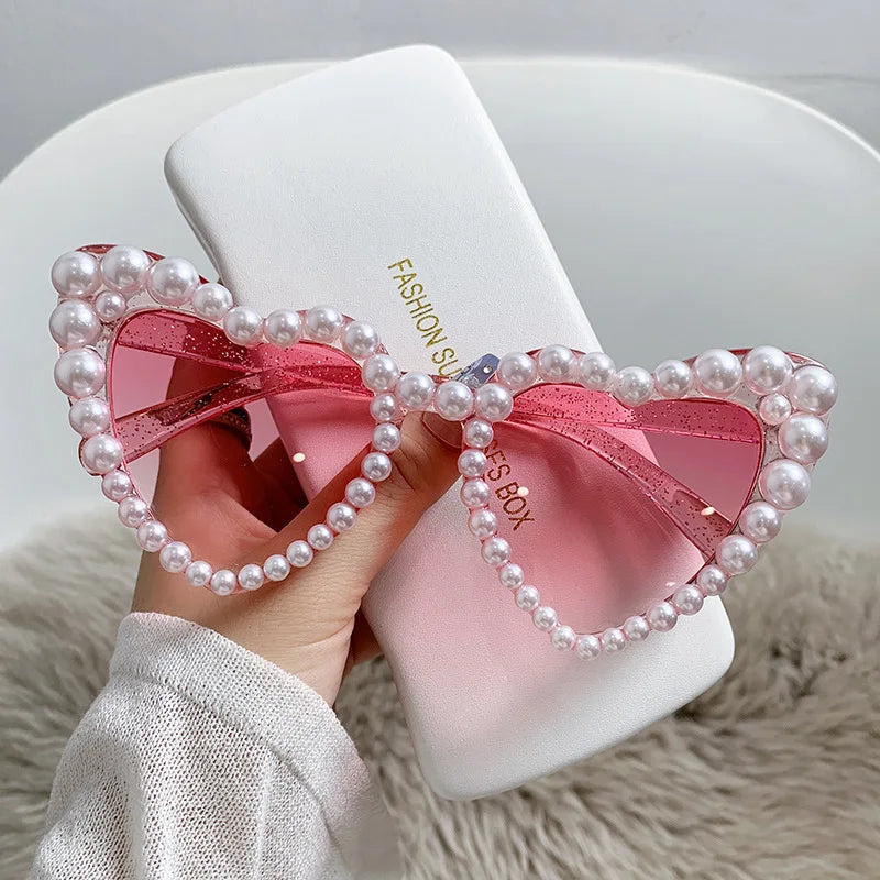 Heart Sunglasses Women Luxury Rhinestone Cat Eye Sunglasses Eyeglasses Pearl Oculos Clear Glasses UV400 Female Oculos