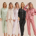 Women's Casual Printed Satin Polyester Pajamas Set with Elastic Waist and Long Sleeves Plus Size