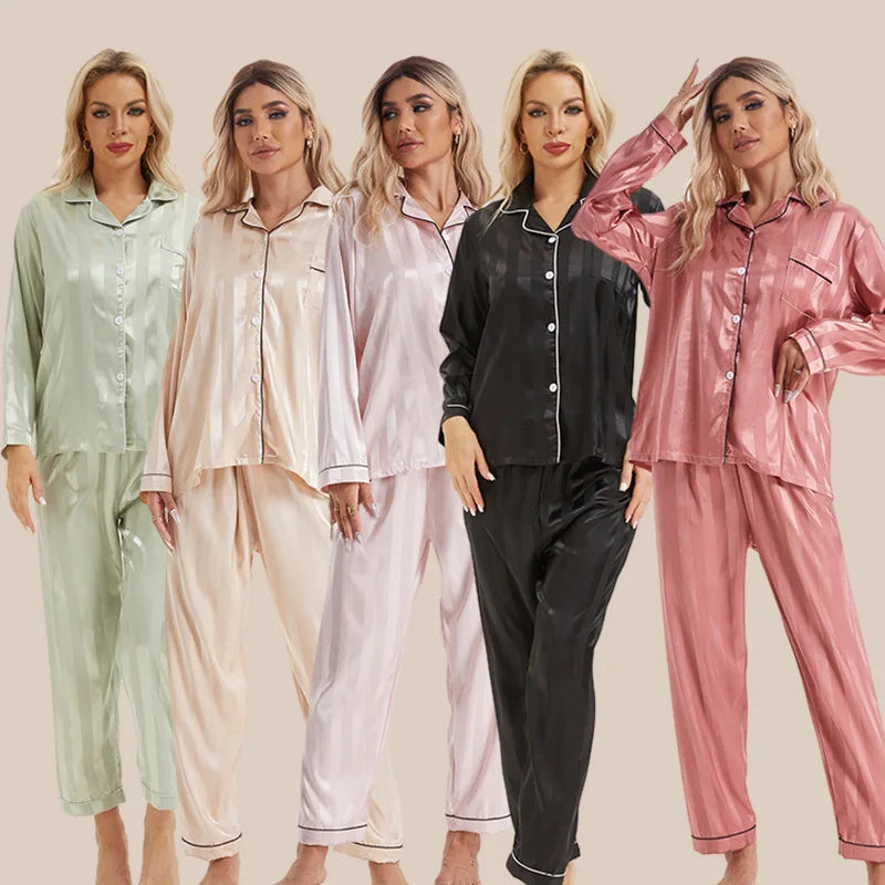 Women's Casual Printed Satin Polyester Pajamas Set with Elastic Waist and Long Sleeves Plus Size