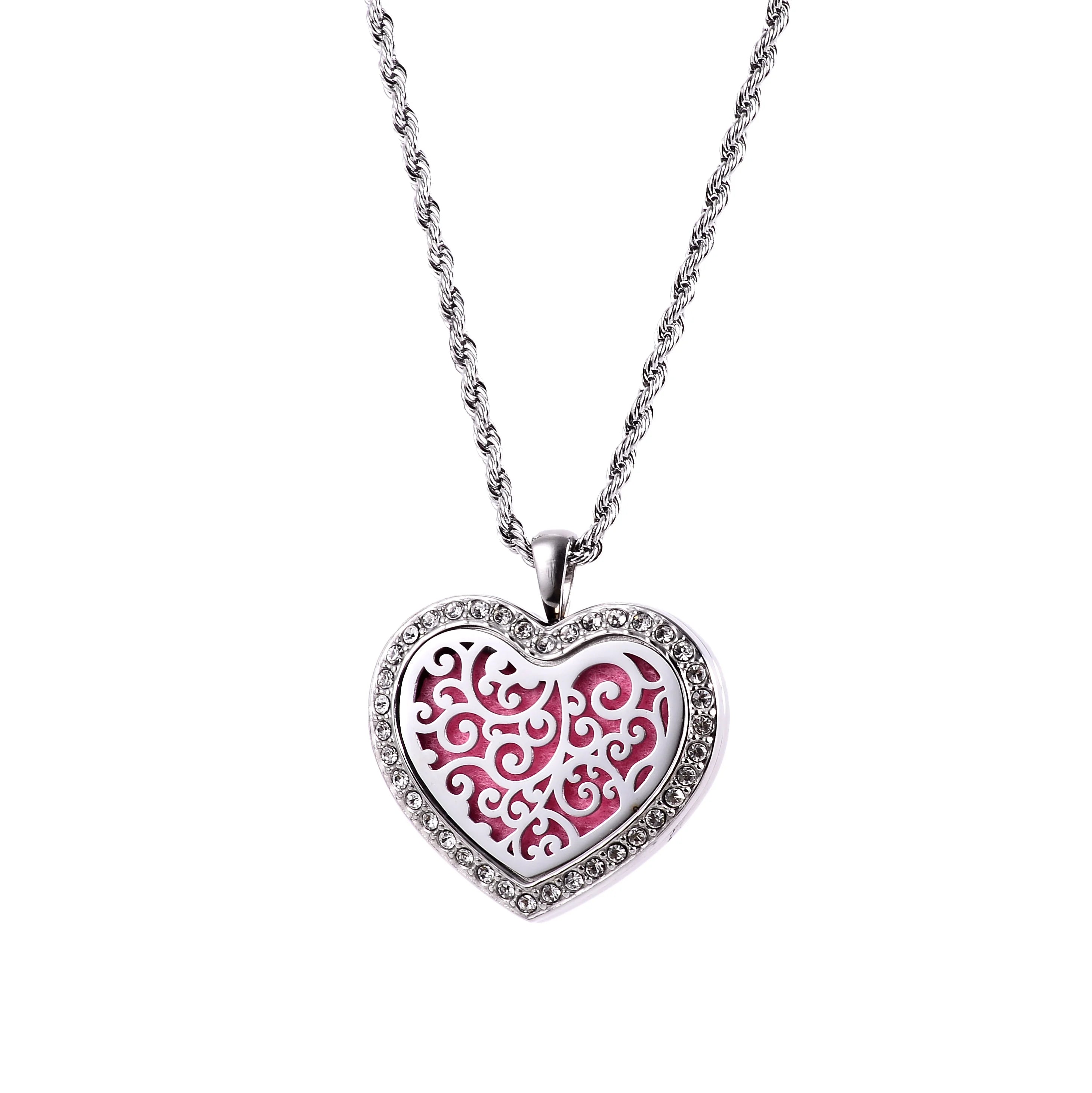 Trendy Stainless Steel Oil Diffuser Locket Necklace with Hollow Heart Perfume Pendant Link Chain Jewelry