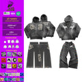 Custom Applique Embroidery Acid Wash Distressed Patch Heavyweight Cotton Sweatpants and Zip up  Hoodie Set