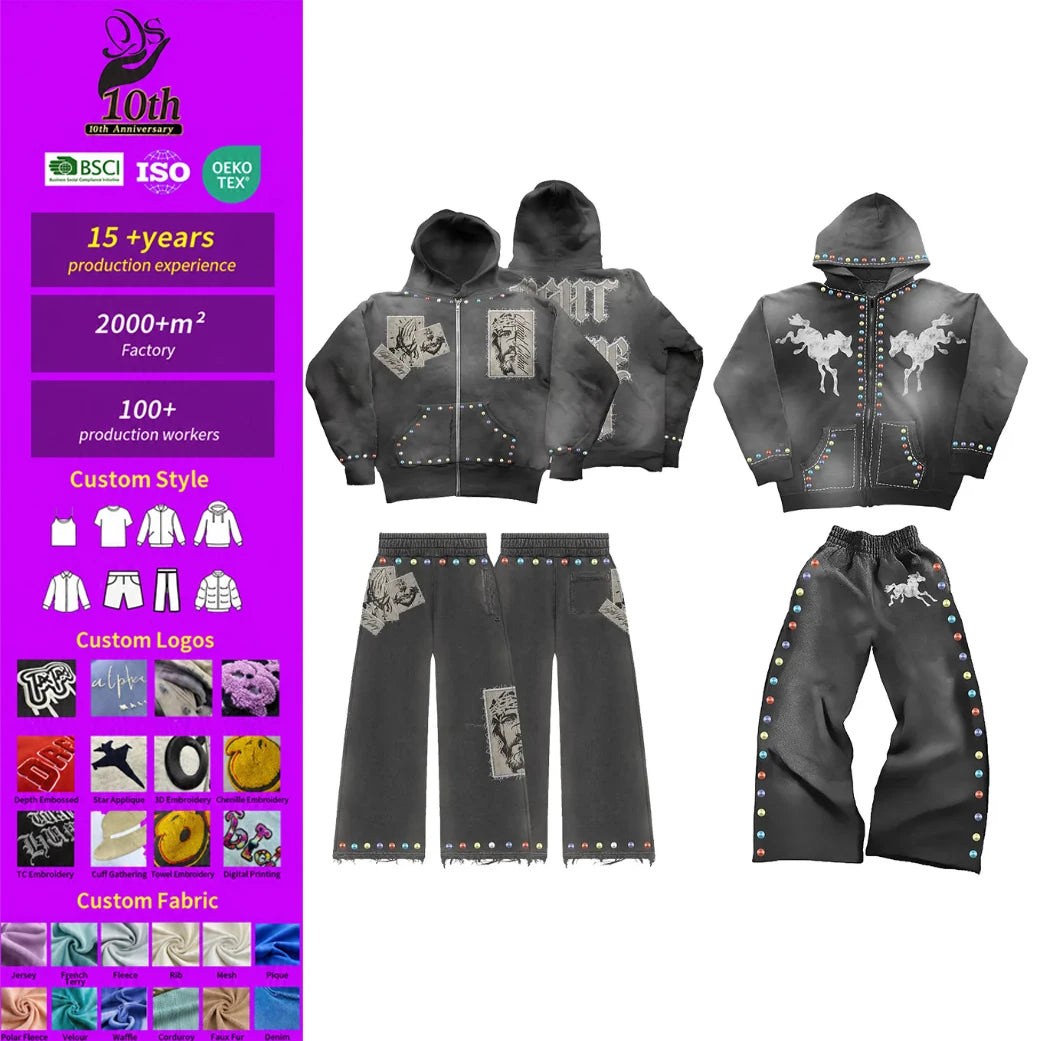 Custom Applique Embroidery Acid Wash Distressed Patch Heavyweight Cotton Sweatpants and Zip up  Hoodie Set