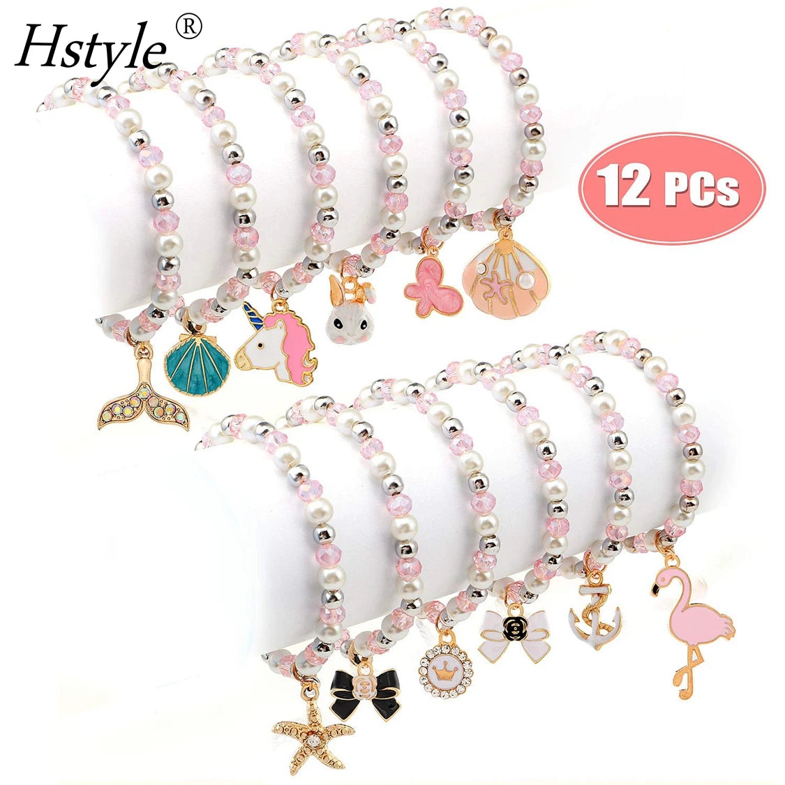 Bracelets for Teen Girls Pearl Pink Beaded Unicorn Animals Pendant Toddler Bracelets Crystal Party Favor Costume Kids SD1412