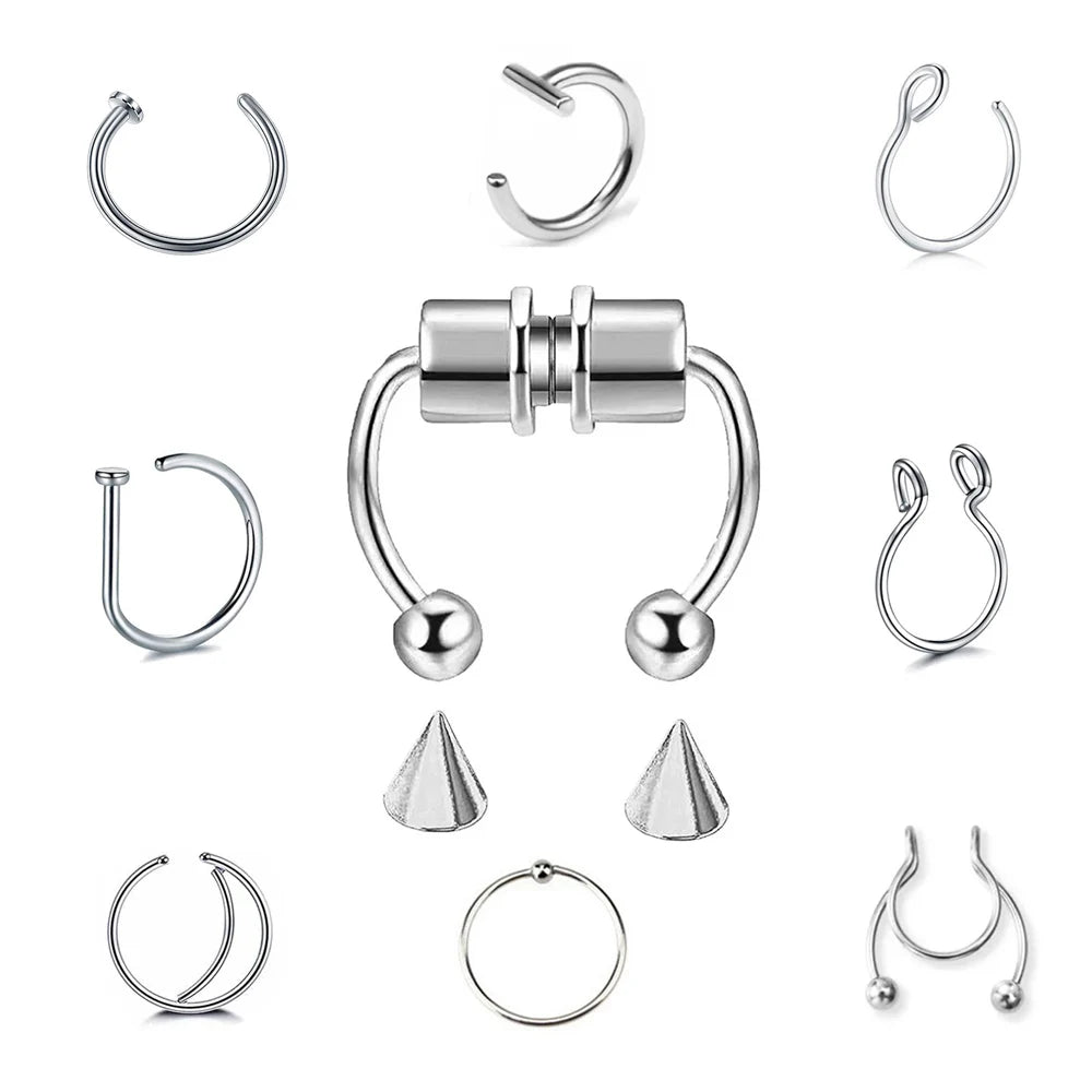 5Pcs/Set Customizable Stainless Steel Zircon Labret Nipple Belly Toe Belly Button Septum Fake Nose Rings Clip Earrings for Women