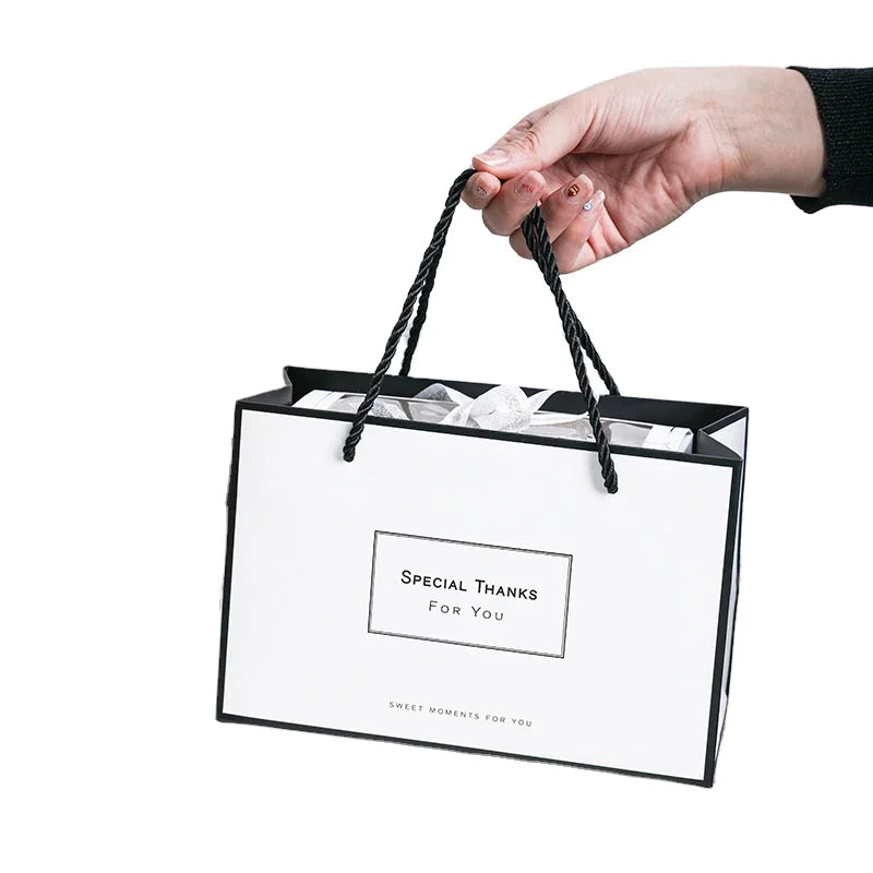 Custom Logo Print Paper Shopping Bags Black Ribbon Handle Gift Bags for Shoes Clothing Packaging