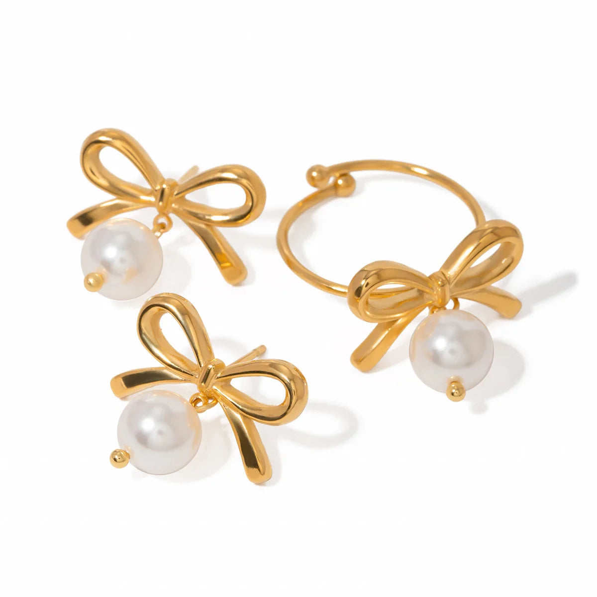 Fasion Pearl Bow Earrings Gold Stainless Steel Earrings Minimalist Jewelry Clean Girl Aesthetic Gift
