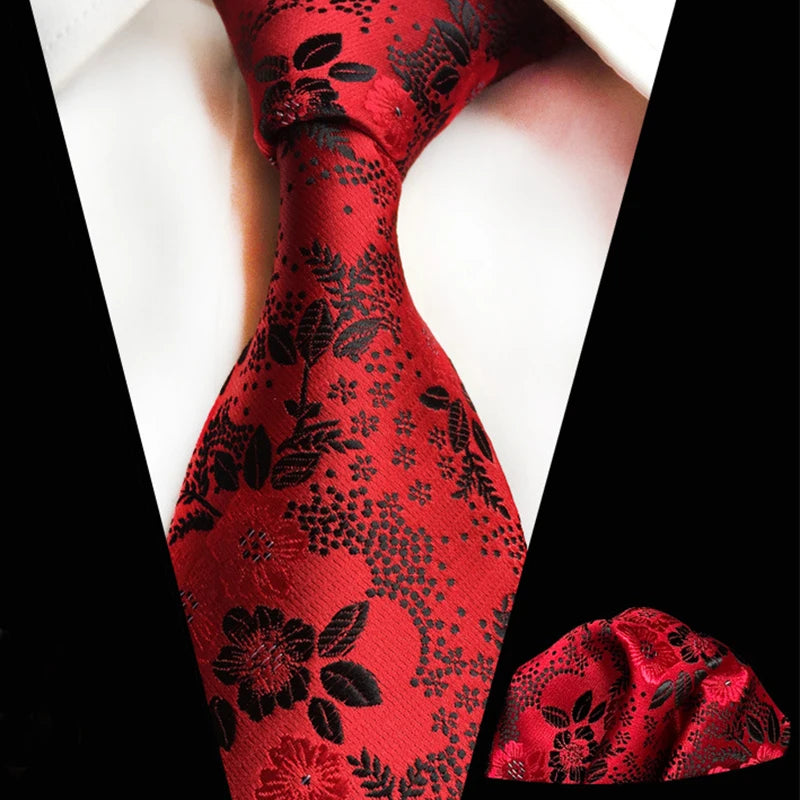 8cm Silk Men's Tie Set Green Red Floral Plaid Jacquard Pocket Square Necktie Suit Men Business