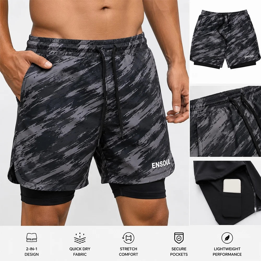 Men's Gym Shorts Eco-Friendly Quick Dry Elastic Mid Waist Custom Logo Athletic Sports Workout Training Solid Pattern Double
