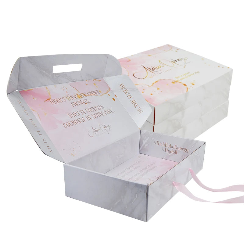 Exquisite  Luxury Customized  You Own logo Gloss Lamination  Gold Foil pink Corrugated Gift Paper Box Packaging
