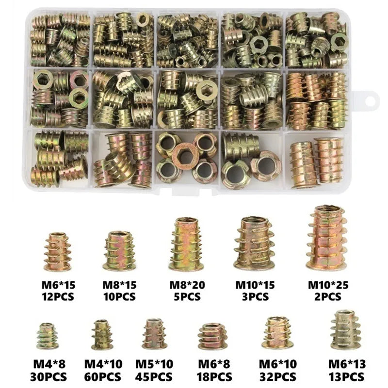 230pcs/Box Assorted Flanged Hex Drive Head Furniture Nuts M4 M6 M8 M10 Zinc Alloy Thread Wood Plated Metric Insert Nut
