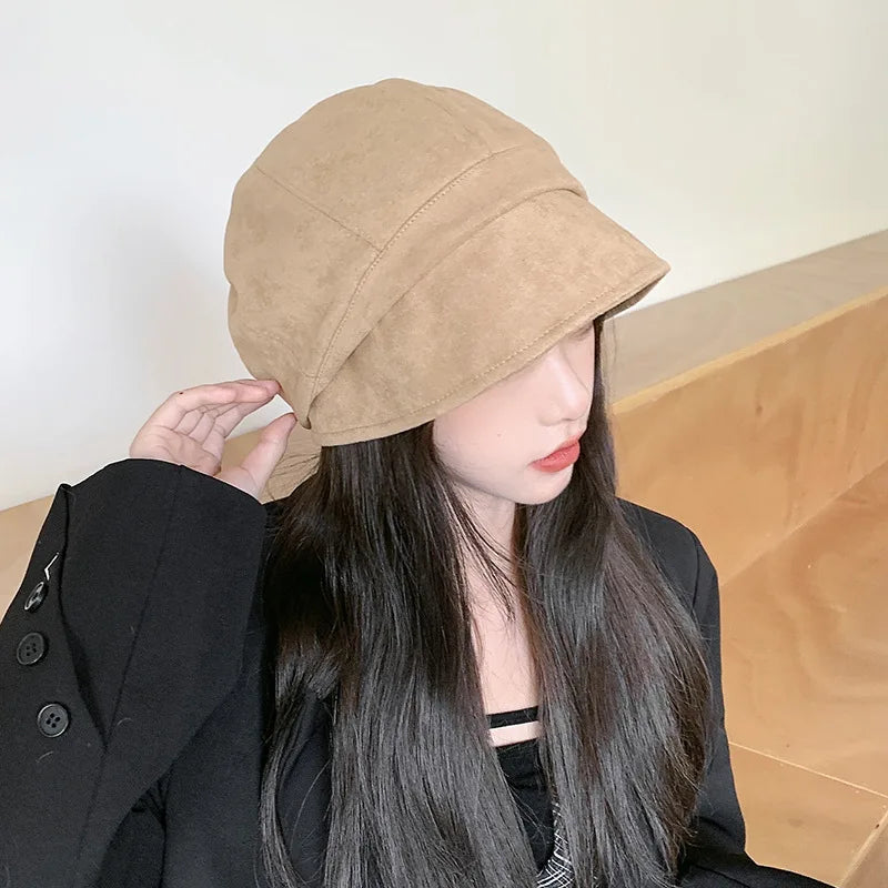Fashion Big Head Winter Suede Round Beret Hat for Women Painter Cap Retro Octagonal Caps