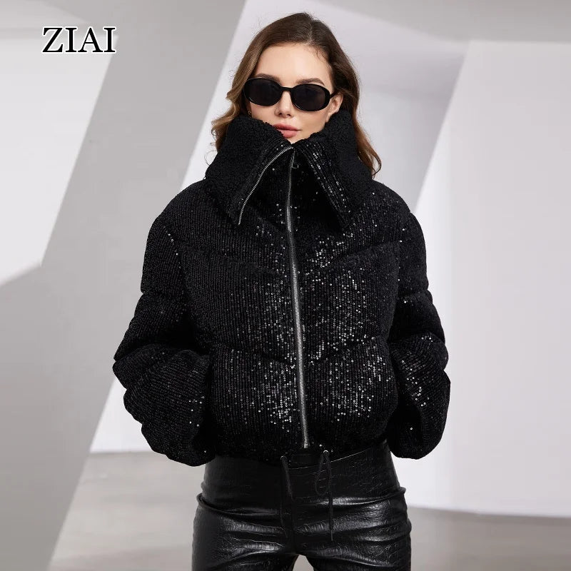 ZIAI 2025 Winter Women Standing Collar Heavy Industry Sequin Short Warm Winter Coat Zip up Sequin Puffer Coat Party Coat