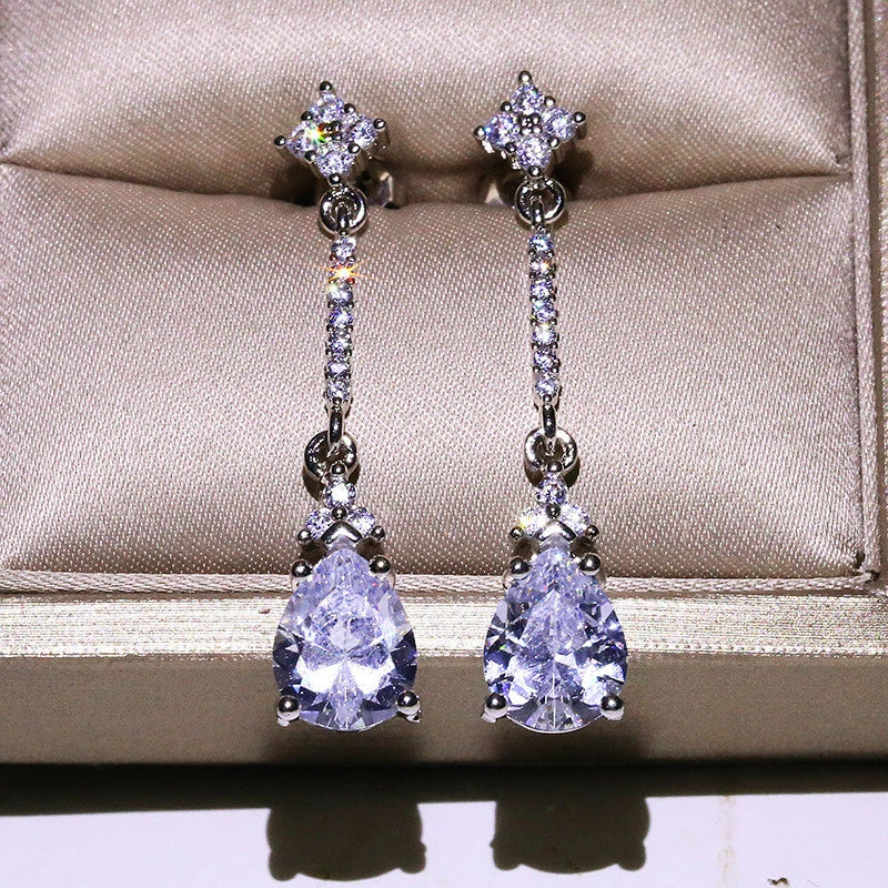 CAOSHI OEM Exquisite Pear Shaped Dazzling 3A Zircon Long Hanging Earrings for Women Fashion Party Silver Plated Pendant Earrings