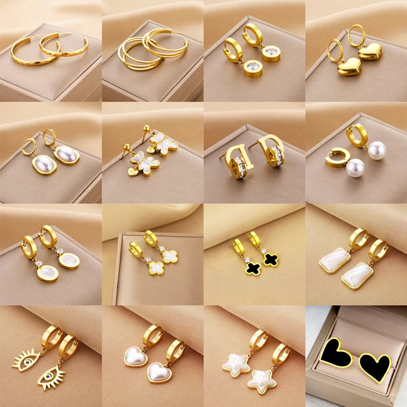 Women's 18K Gold Stainless Steel Earrings Various Designs Shell Roman Numeral Fashionable Ear Jewelry for Party Wedding Gift