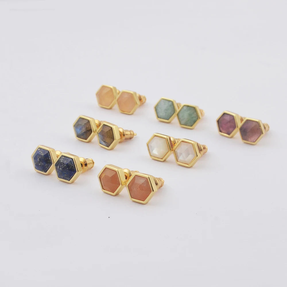 Wholesale Fashion Women Cheap Gold Plated Amethyst Hexagon Natural Crystal Gemstone Stud Earings