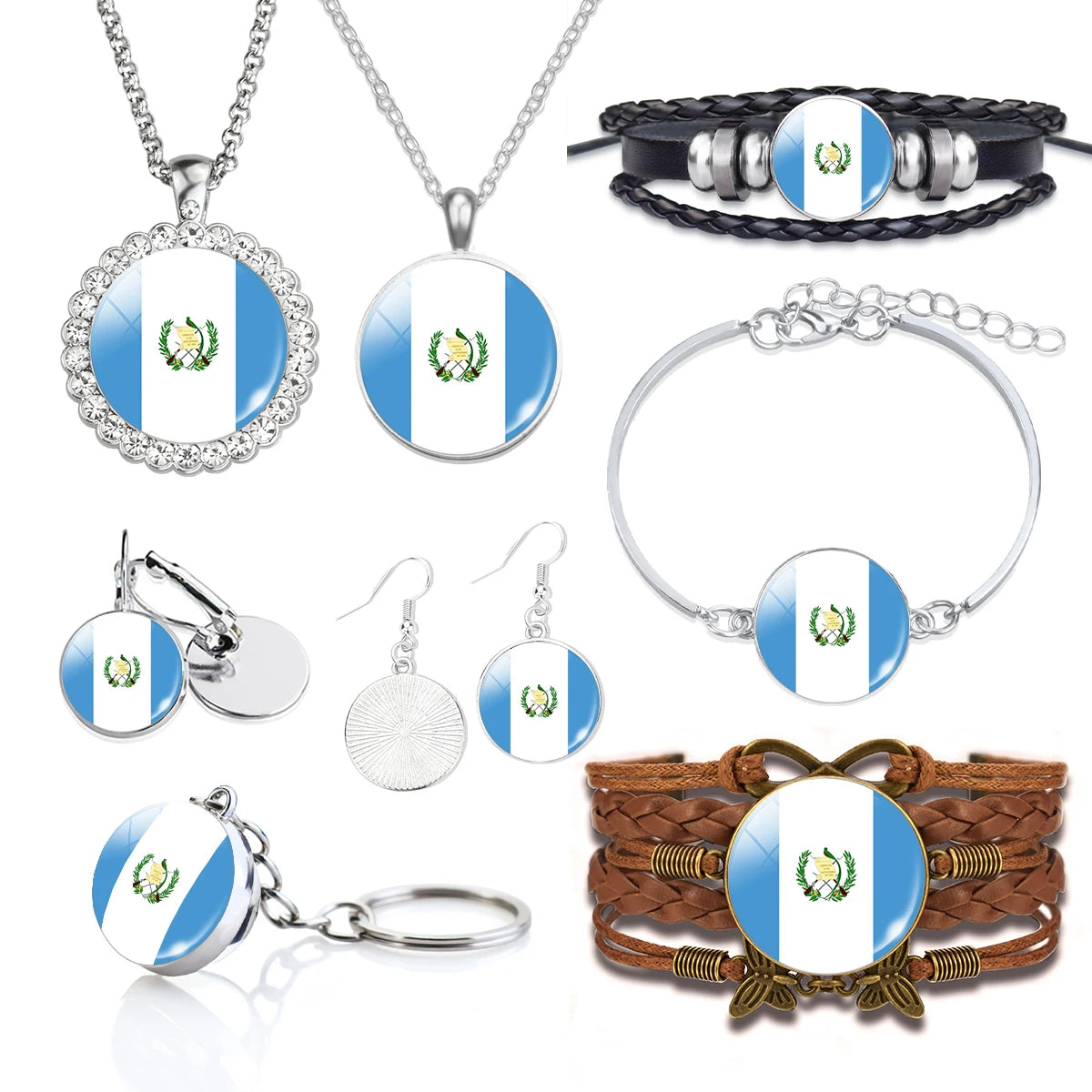 Guatemala Flag Jewelry Set - Key Chain Ring Brooch Cuff Link Tie Clip Necklace Bracelet Earrings - Patriotic Accessories