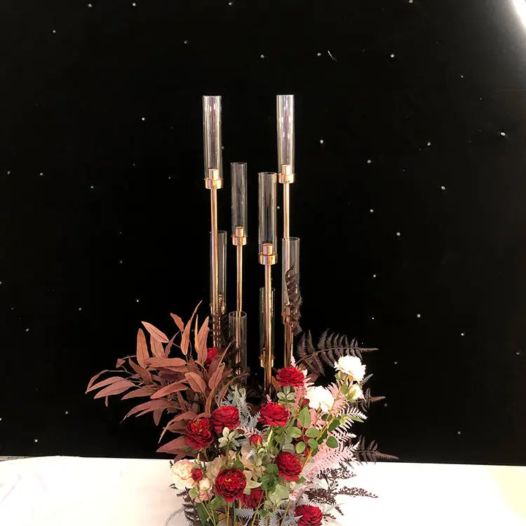 Wholesale 8 10 Arms Glass Tube Candle Holder Wedding Decoration Gold Metal Candelabra Centerpiece
