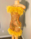 Ocstrade Luxury Women Glittering Off Shoulder Yellow Feathers Mini Dresses Women Party Beaded Gold Crystal Mini Club Dresses