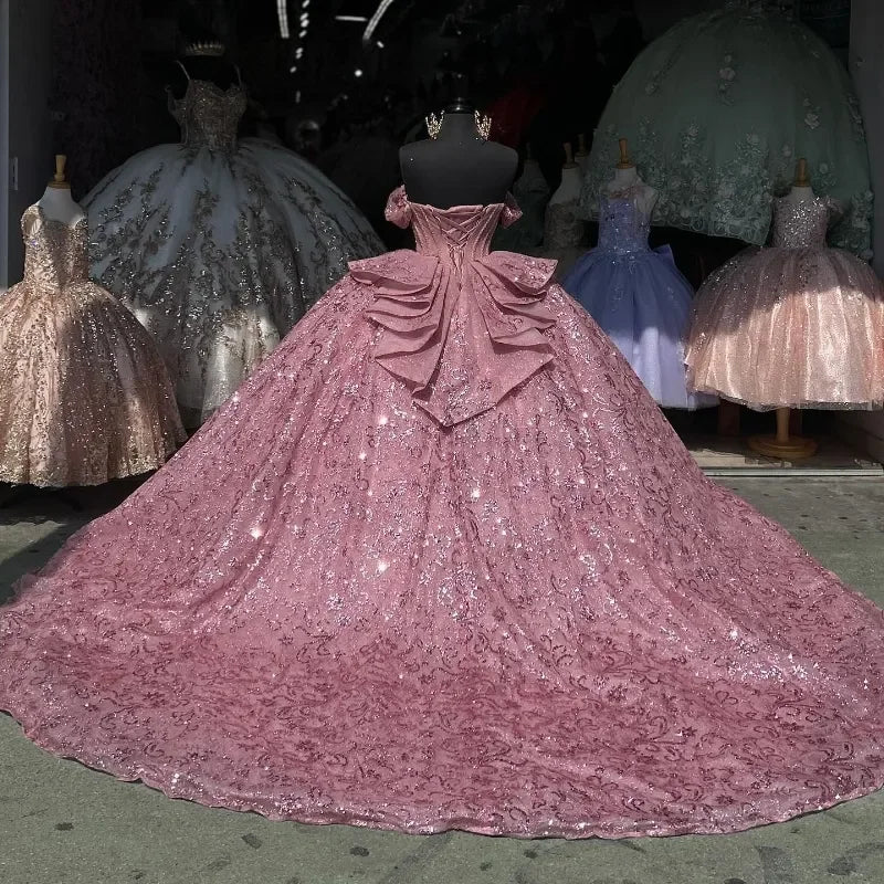 Pink Sweetheart Shiny Ball Gown Off the Shoulder Lace Beads Crystal Mexican Sweet 16 Dresses 15 Anos Quinceanera Dresses MQ623