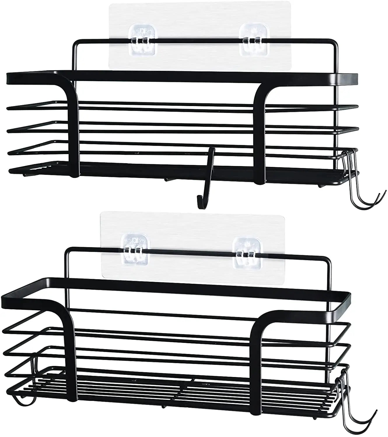 Bathroom Adhesive Shower Basket Wall Mounted No Drilling Kitchen Storage Shelf with Hooks