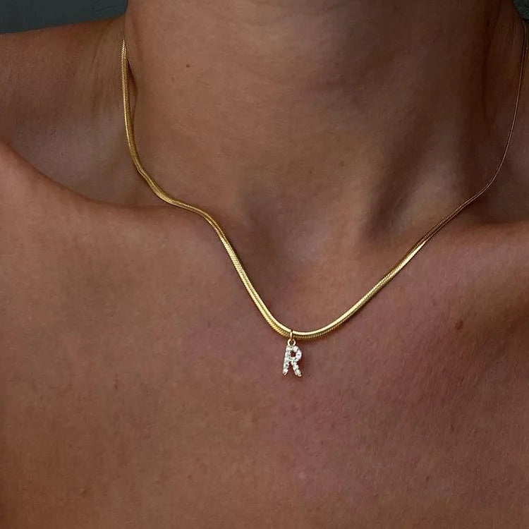 Stacked English Name 26 Letter Flat Snake Bone Clavicle Link Chain Retro Style Adjustable Stainless Steel Pendant Necklace