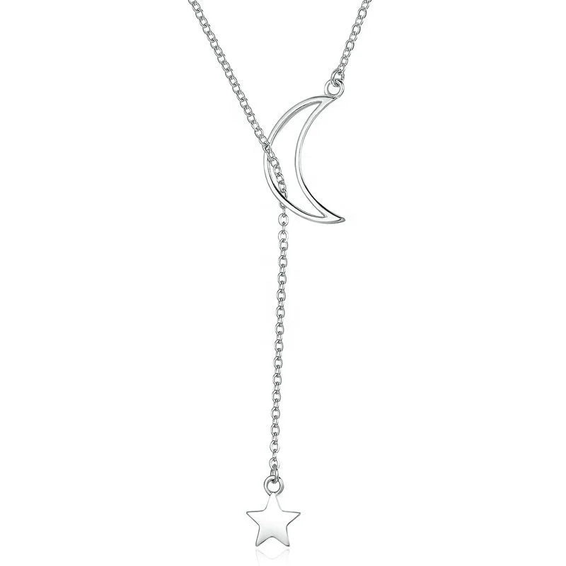 GN03 Fashion New Arrivals Custom 925 Sterling Silver Lariat Moon Star Pendant Long Necklace for Women Jewelry
