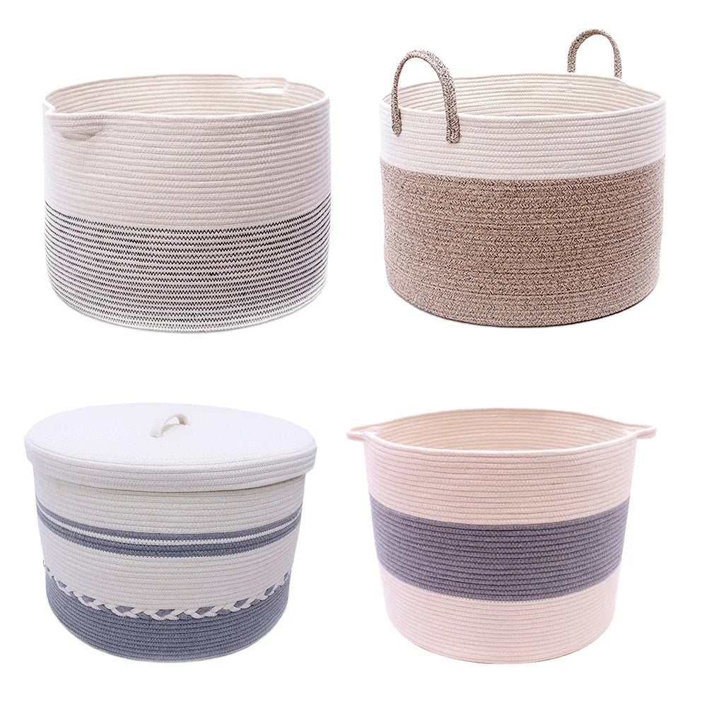 Set of 3 Woven Storage Basket Large Cotton Rope Basket With Durable Handles Foldable Laundry Hamper