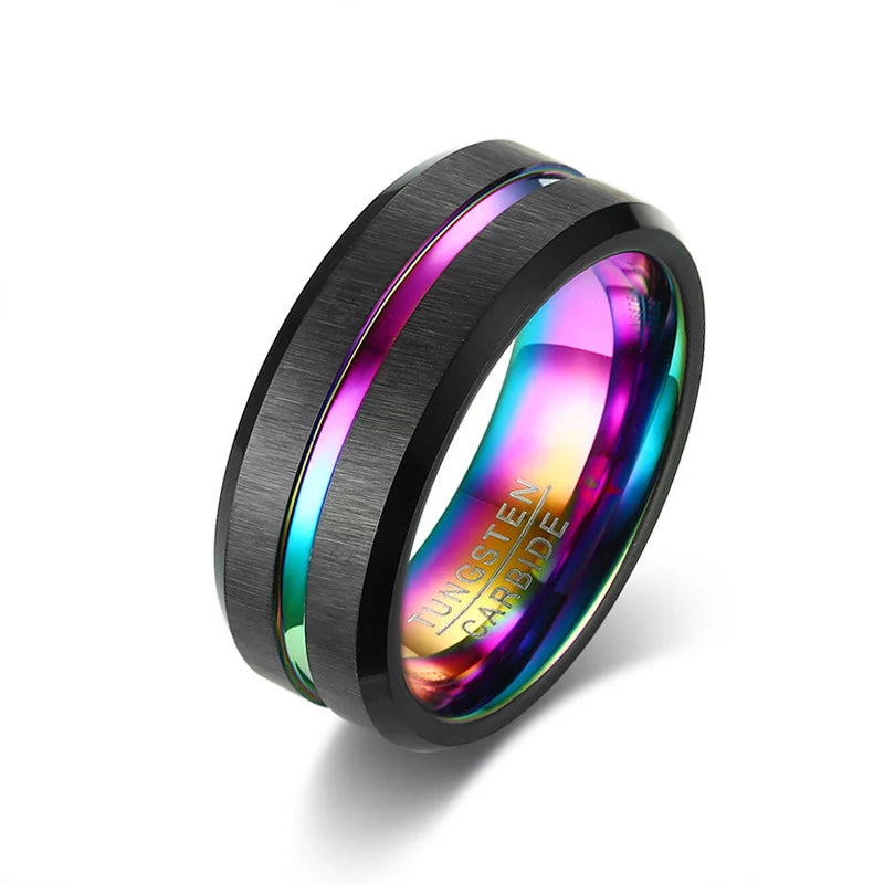 Custom Tungsten Carbide Promise Ring for Men Grooved Blank Laser Engraved Logo Black Rainbow Trendy for Wedding Engagement Gift