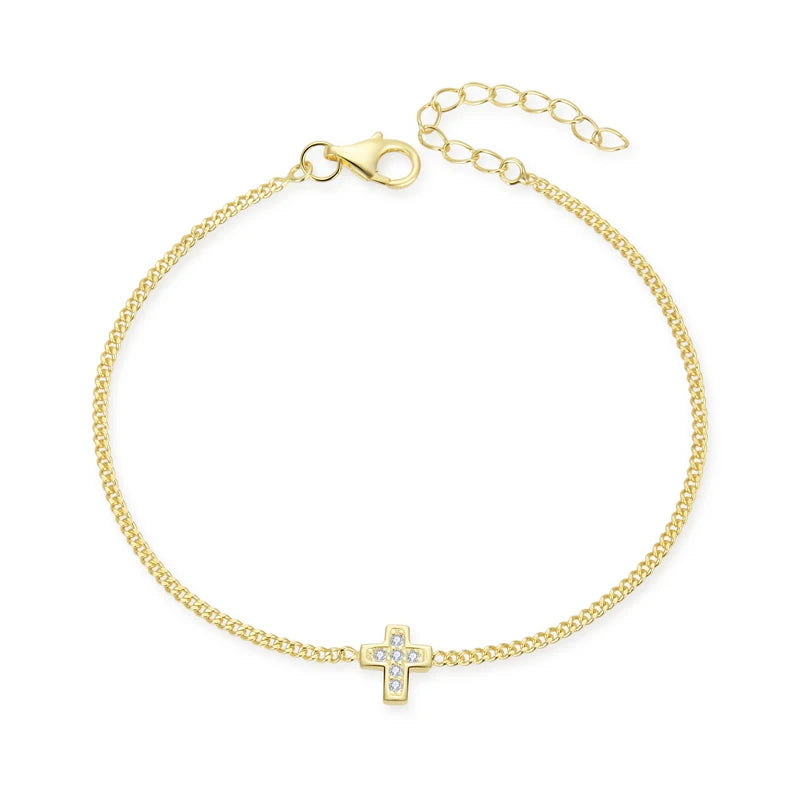 18K Rhodium Plated Dainty Cute Tiny Sideways Cross Bracelets Minimal CZ Link Chain Bracelet Jewelry for Gift