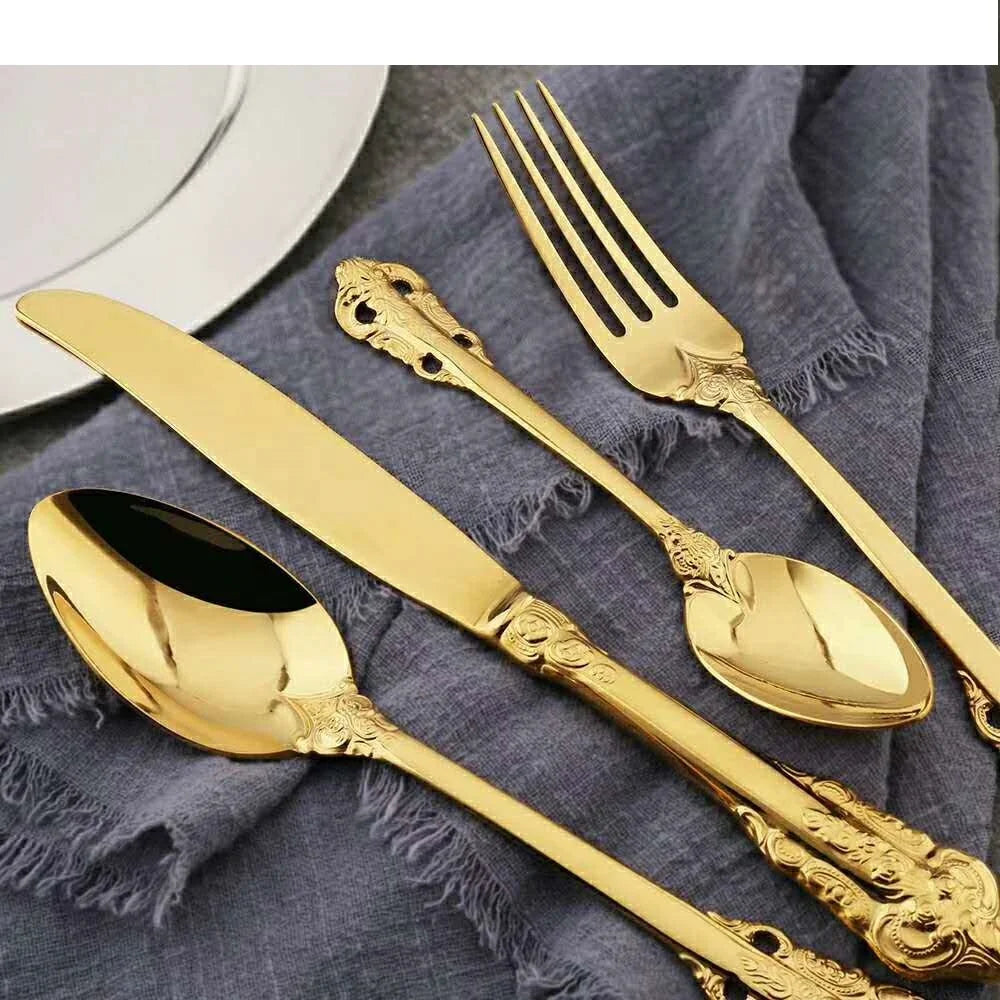 Baroque Luxury Cutlery Set Royal Deco Embossed Stainless Steel 304 Gold Flatware for Party & Home Use PC Material