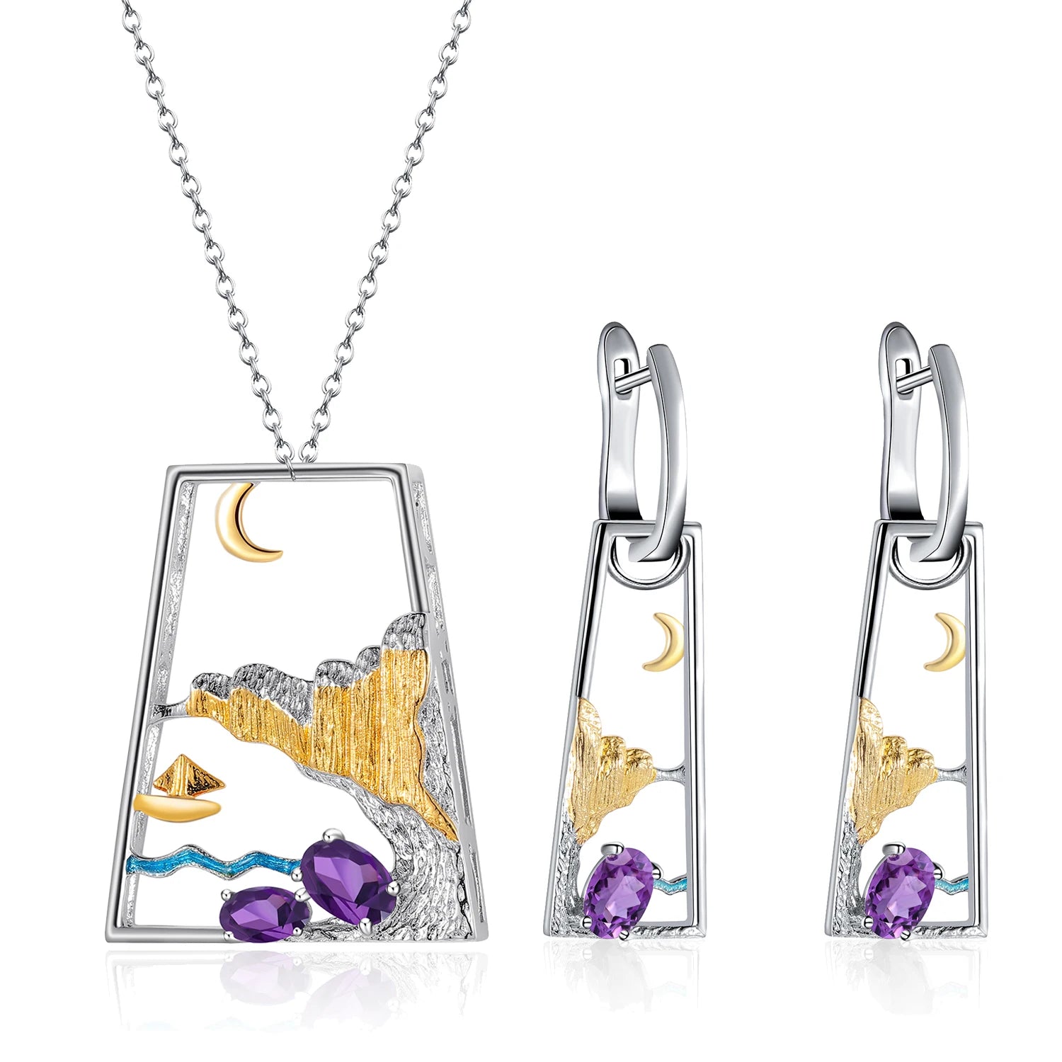 C8208 Abiding Jewelry Brand New Landscape Designs 925 Sterling Silver Oval Cut 4X6mm Natural Amethyst Jewellery Set