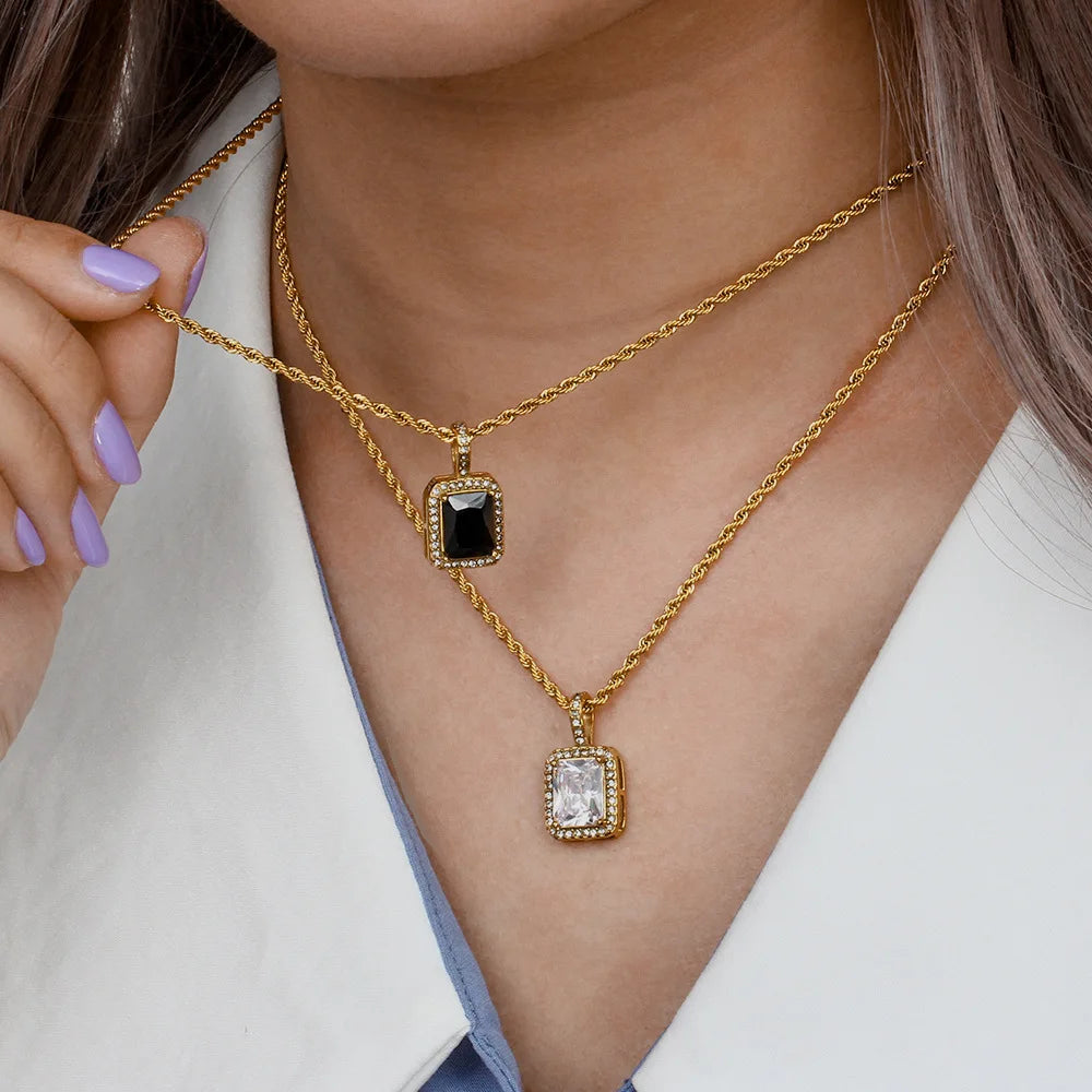 Vintage Stainless Steel Gold Plated Rope Chain Luxury Square Heart Shaped Colorful Zircon Pendant Necklace for Women Jewelry