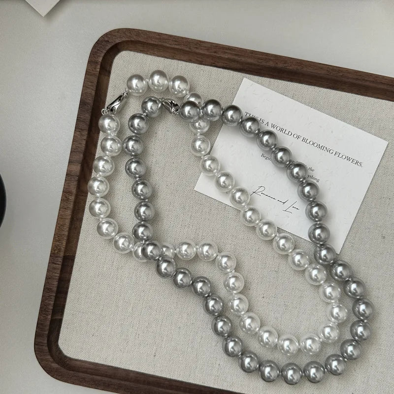 10MM 45CM 925 Sterling Silver Big Quality White Gray Pearl Strand Beads Necklace for Mother's Day Gifts Jewelry