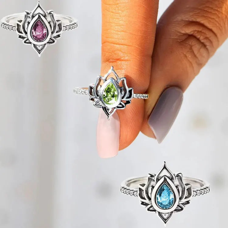 SC Women Delicate Waterdrop Zircon Rings Wedding Anniversary Gift Fine S925 Sterling Silver Lotus Rings for Mother