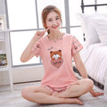 Women's Cute Cartoon Printed Satin Pajamas Set Summer Leisure Short Sleeves Shorts Pants Home Wear Two-Piece