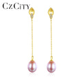 CZCITY Fashion Chain 925 Sterling Silver Fashion Wire Zircon Real Drop Beautiful Pearl Long Earring
