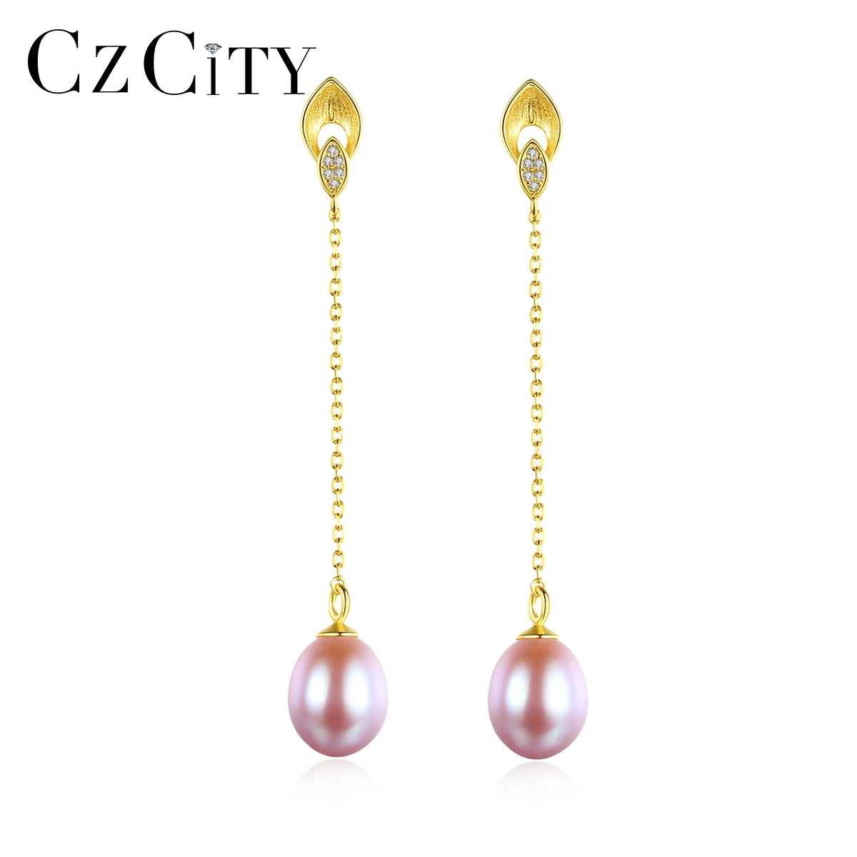 CZCITY Fashion Chain 925 Sterling Silver Fashion Wire Zircon Real Drop Beautiful Pearl Long Earring