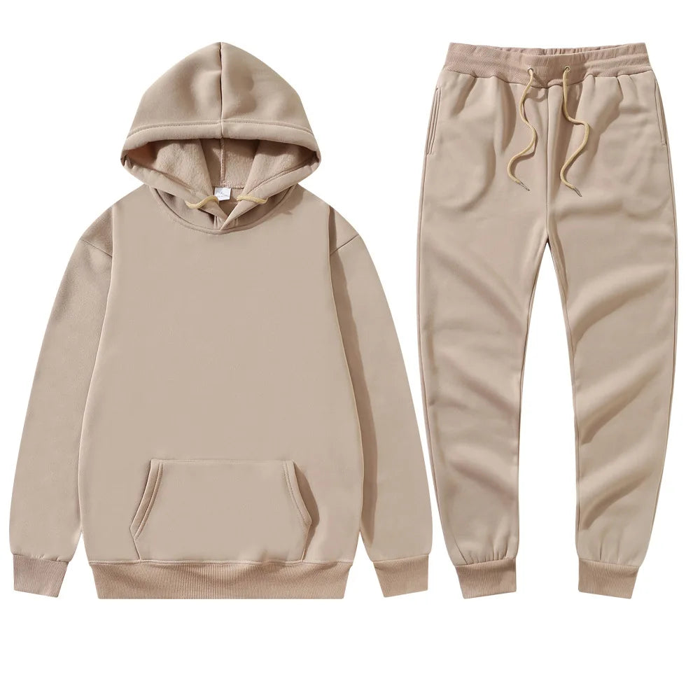 Wholesale Men's Autumn Sporty Woven Breathable Solid Color Pullover Sweater Set Two-Piece Hooded Suit in Stock