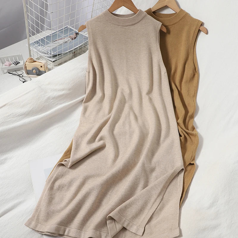 Wholesale 2026 Spring Korean Version Round-neck Sleeveless Vest Dress Versatile Solid Color Knitting Temperament Split Dress