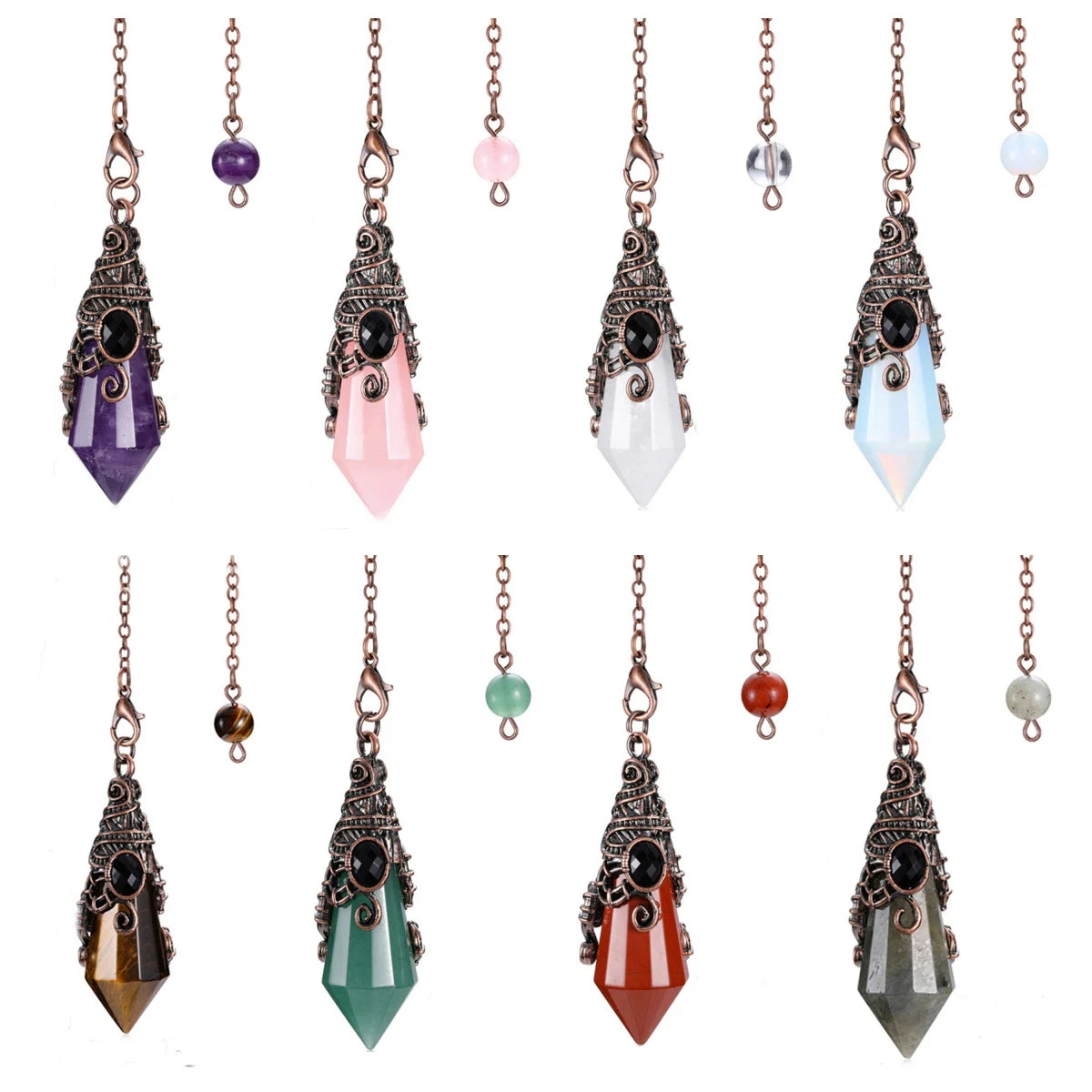 Hot Sale Natural Gemstone Crystal Inlaid Bronze-Colored 12 Sided Conical With Silver Chain Pendulum Diy  Resin Crafts