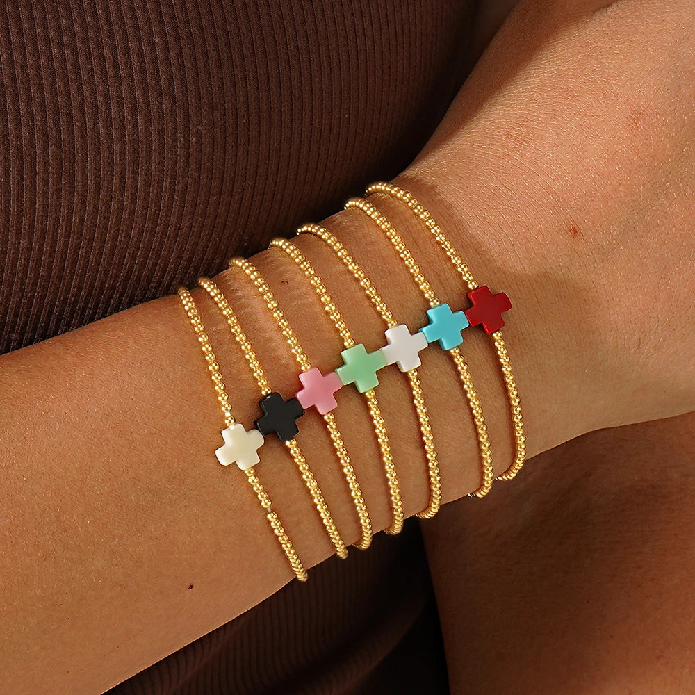 Go2boho Colorful Cross Charm Bracelet Stretch Beaded Jewelry Gold Plated Stack Set Trendy Religious Fashion for Gifts