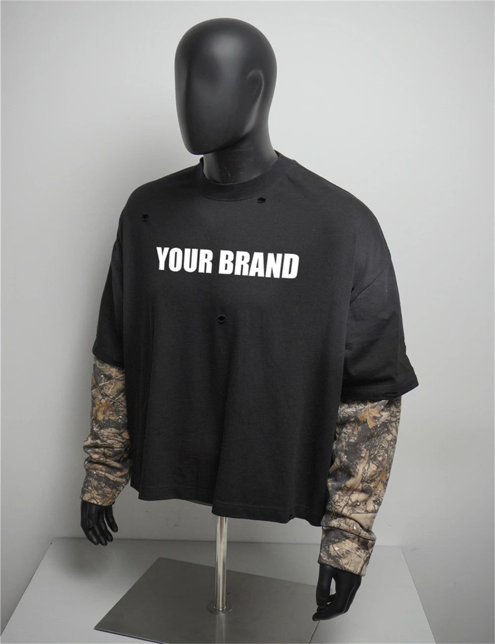 Topshow Custom Drop Shoulder Black T Shirt Heavyweight Cotton Double Layer Knit Camouflage Long Sleeve T-Shirt for Men