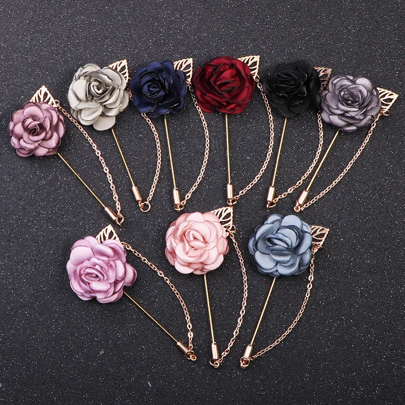 Fabric Flower Gold Leaf Chain Brooch Pin Fashion Brooches Wedding Jewelry Gift Long Needle Lapel Pins for Shirt Collar Mens Suit