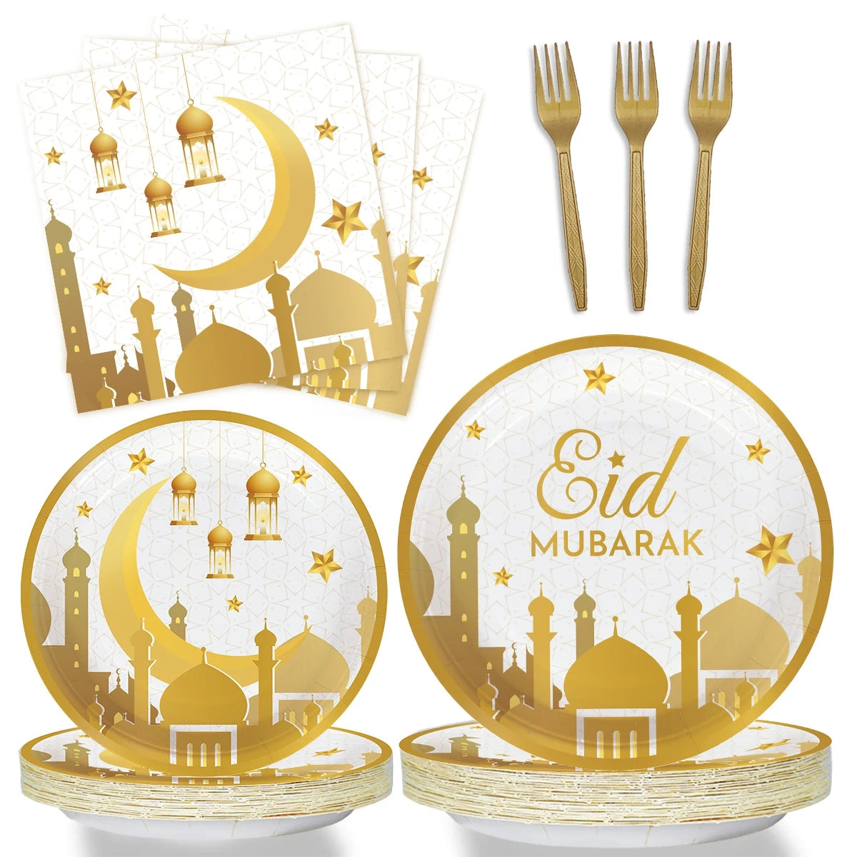 Serves 8 EID Ramadan Mubarak Islamic Party Tableware Party Supplies Gold Black Eid Decoration Disposable Paper Plates Set