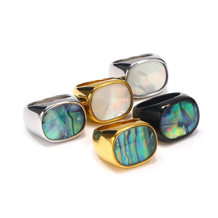 Wholesale Stainless Steel Trend Men Women Fashion Jewelry White Shell Abalone Scallop Oval Rings