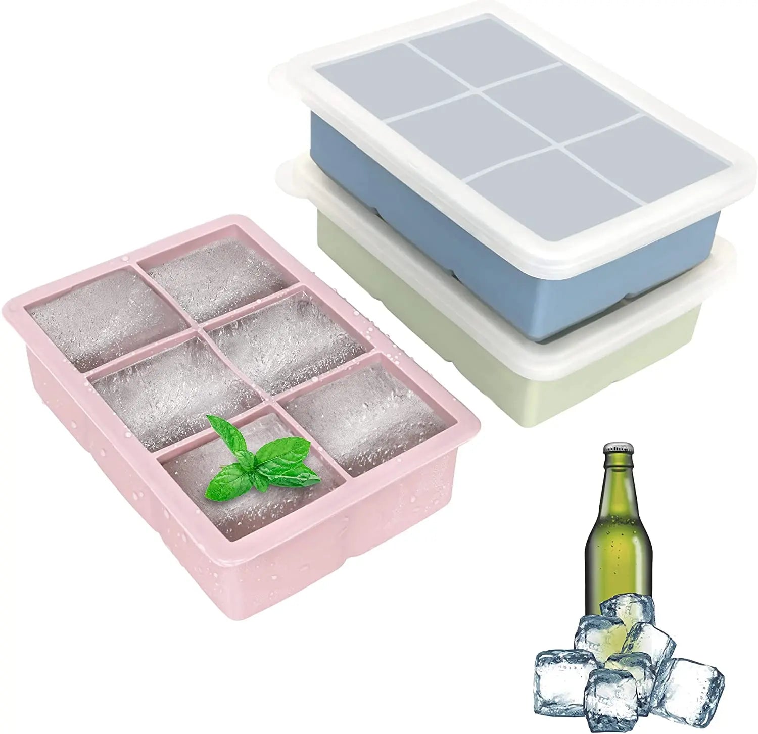 Reusable and BPA Free Silicone Ice Cube Molds Tray with Removable Lids for Whiskey