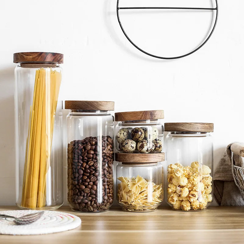 Stock Feature Eco-Friendly Food Grade Glass Storage Jar with Acacia Wood Lids for Kitchen Spice Coffee Seasoning